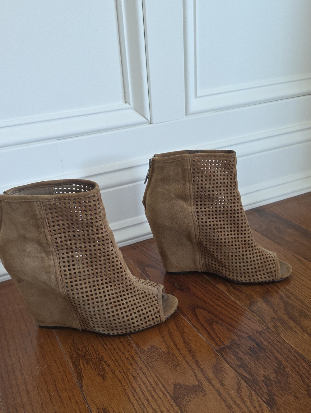 ASH June Taupe Perforated Suede Peep-Toe Wedge Booties